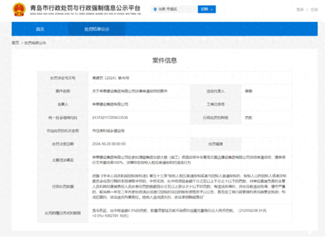 涉及捷能集团总部大楼项目！青岛荣泰建设集团有限公司涉嫌串通投标被罚超百万