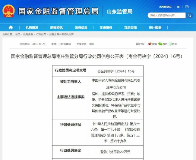 因“欺骗投保人”及其他销售误导行为，平安人寿济南电话销售中心等山东多家分支机构及相关人员被处罚