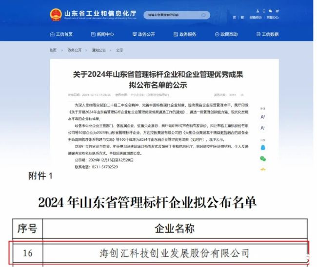 海创汇入选“2024年山东省管理标杆企业”公示名单