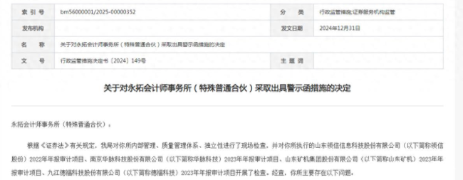 永拓会计师事务所多人遭山东证监局警示，涉山东矿机等4家上市公司年报审计问题