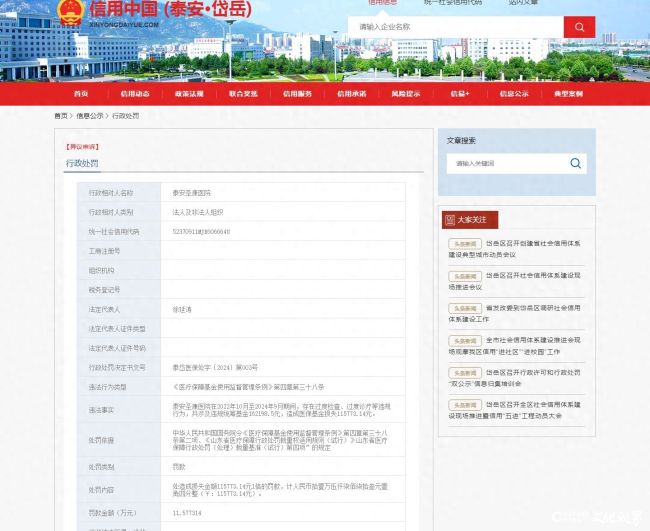 罚款11.5万元！泰安圣康医院因涉过度检查、过度诊疗等违规行为接罚单