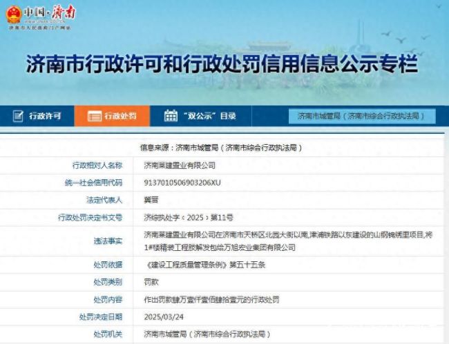 济南莱建置业涉嫌将工程肢解发包，同日连收4张罚单