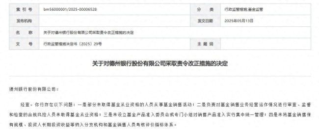在基金销售业务中存在多项违规，德州银行被责令整改