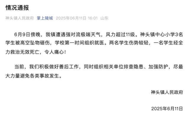 德州神头镇中心小学3名学生被高空坠物砸伤，其中一名学生救治无效死亡，官方回复……