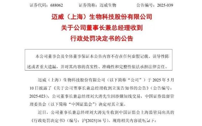 迈威生物董事长用他人账户买卖本公司股票，涉嫌短线交易被罚60万