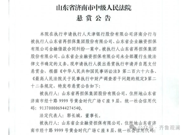 山东省再担保集团遭法院悬赏执行