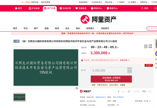 7折甩卖仍无人接盘——日照金马资产运营15%股权遭遇流拍