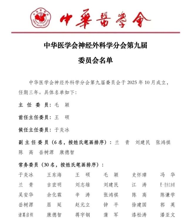 山东大学齐鲁医院德州医院党委副书记、院长王东海当选为中华医学会神经外科学分会第九届委员会常务委员