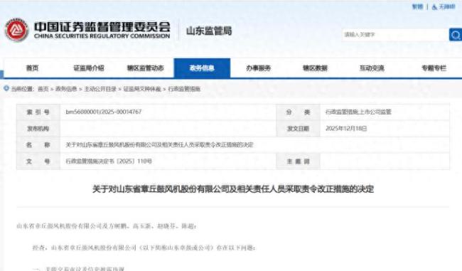 因关联交易审议及信息披露违规等,山东省章丘鼓风机股份有限公司及相关责任人员被责令改正
