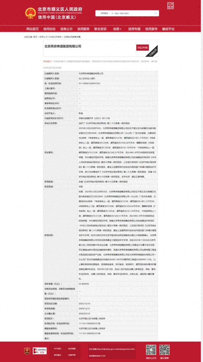 未批先建!北京燕京啤酒集团有限公司被罚23.4万余元