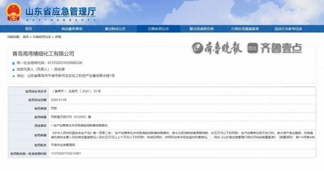 因未采取措施消除事故隐患，青岛海湾精细化工被罚12000元