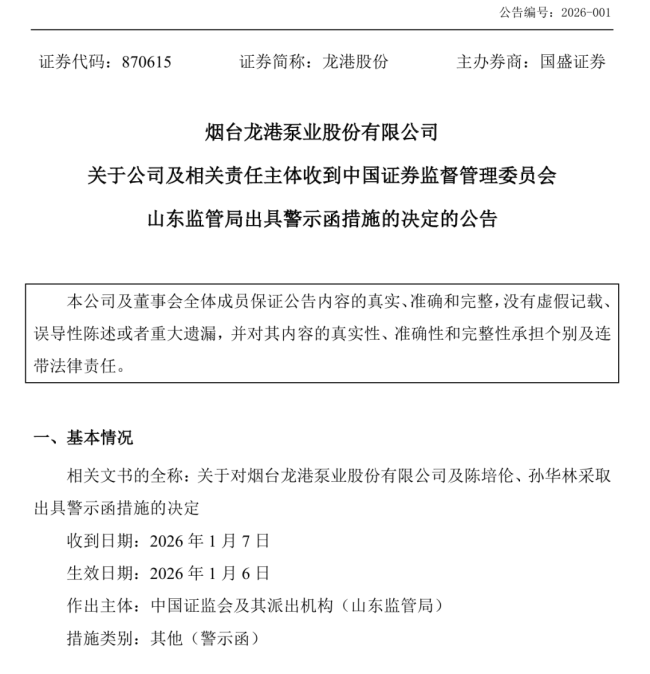 烟台龙港股份与“道恩系”关联公司“左手倒右手”未履行审议程序及信披义务，公司及董事长、董秘收警示函