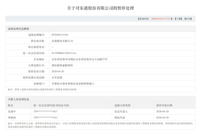 因招标提供虚假材料，东港股份被暂停全军采购资格