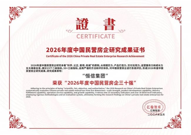 恒信集团荣膺亿翰智库“2026年度中国民营房企三十强”