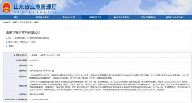 安全管理存漏洞，山东华安新材料因多名特种作业人员无证上岗被罚7.5万元