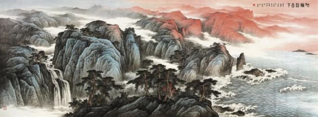 佘玉奇为2026大连夏季达沃斯论坛一号贵宾厅创作主题山水画《旭轮照天下》