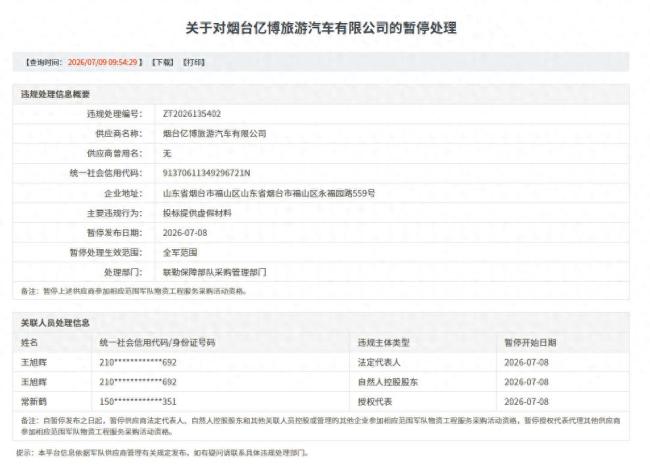 因投标提供虚假材料，烟台亿博旅游汽车有限公司被暂停军采资格，关联旅游、食品公司均被“拉黑”