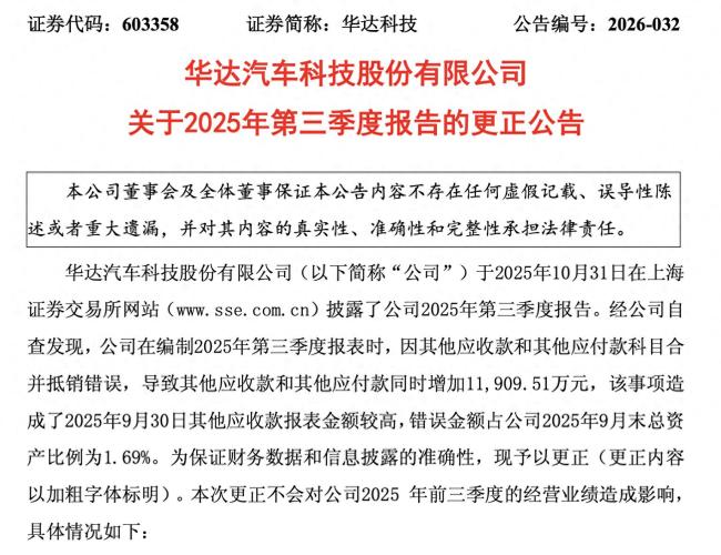 华达科技更正2025年三季报：合并抵销存在差错致总资产调减1.19亿元，公司预告2026年上半年业绩预亏