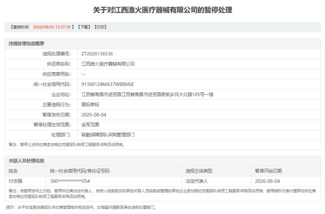 因“围标串标”,江西渔火医疗器械有限公司被暂停军采资格