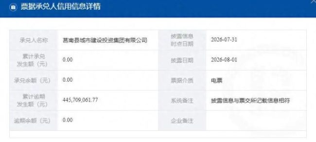 临沂莒南城投累计票据逾期4.46亿、被执行超6000万,票据服务资格受限或引发连锁反应