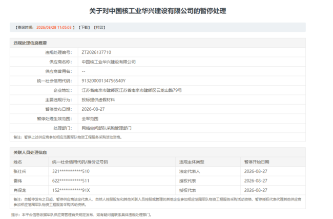 因军采投标提供虚假材料，中核华兴被暂停全军采购资格，多名责任人连带追责