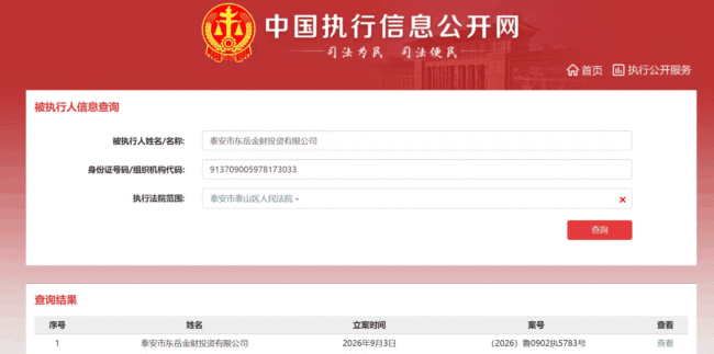 泰安市东岳金财投资有限公司成被执行人,执行标的6800万元
