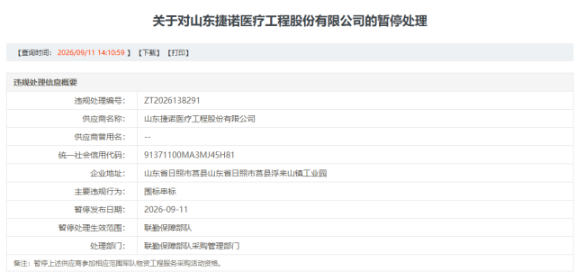 因围标串标，山东捷诺医疗、日照爱信医疗被暂停军采资格