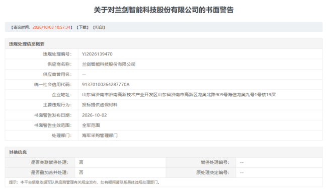 因投标提供虚假材料,兰剑智能科技股份有限公司被军队采购管理部门处以书面警告
