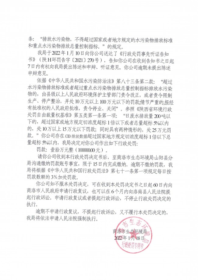 商洛山阳县丰瑞化工超标排放水污染物被罚10万元