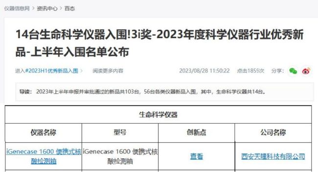 天隆iGenecase 1600便携式核酸检测箱入围3i奖2023年优秀新品