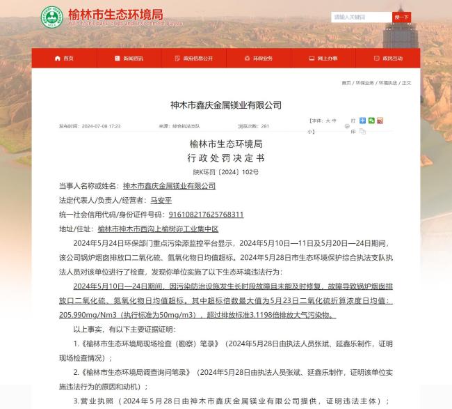 ​因超量排放大气污染物，神木市鑫庆金属镁业有限公司被罚60万