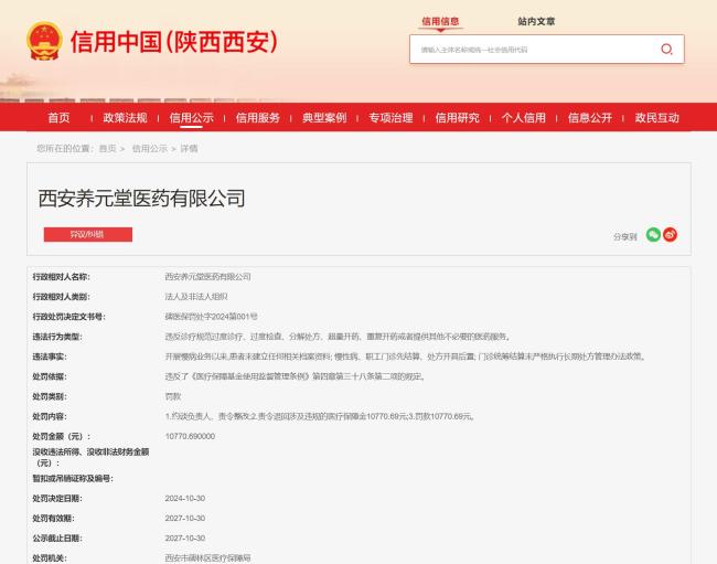 西安养元堂医药公司因违反诊疗规范过度诊疗被罚逾万元