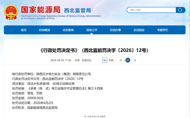 违法分包承装电力设施业务 陕西汉水电力实业公司被罚