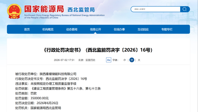 未按照规定办理工程质量监督手续 陕西秦耀储能科技有限公司被罚35万元
