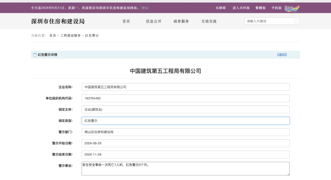 深圳住建亮出红牌！中建五局因安全死亡事故被实施3个月红色警示