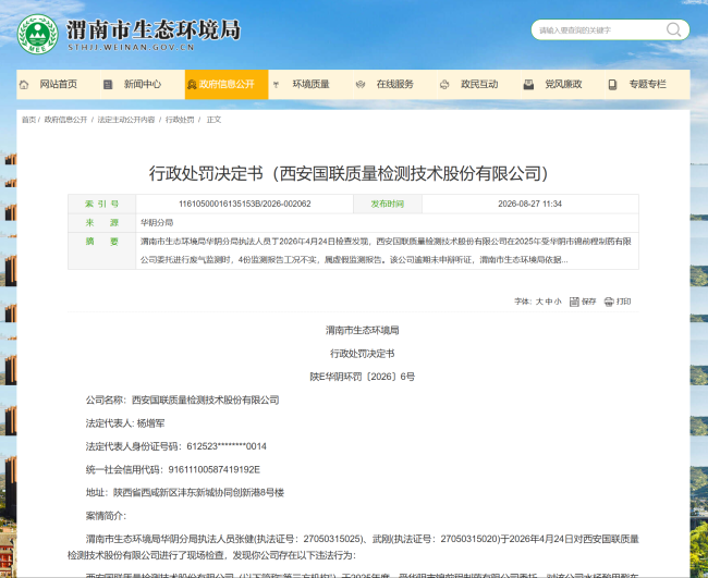 出具虚假监测报告，西安国联质检股份总计被罚301200元
