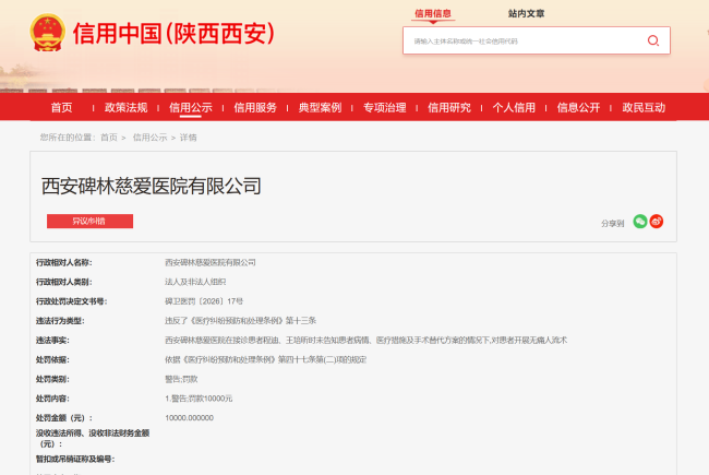 西安碑林慈爱医院因在接诊时未告知病情、医疗措施及手术替代方案对患者开展无痛人流术被罚