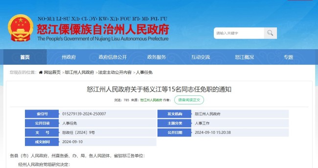 怒江州人民政府关于杨义江等15名同志任免职的通知