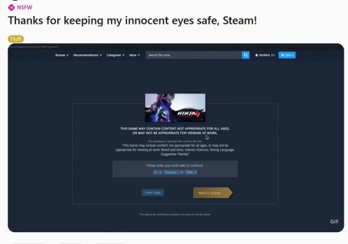 玩家吐槽Steam离谱机制 暴力内容要认证色情内容却不要
