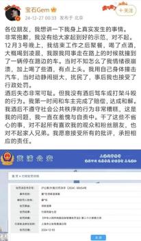 “宝石老舅”承认被行政拘留，称“酒后用身体撞击汽车，没打架” 已赔偿车主并道歉