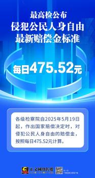 最高檢公布侵犯人身自由賠償標(biāo)準(zhǔn) 新標(biāo)準(zhǔn)475.52元/日