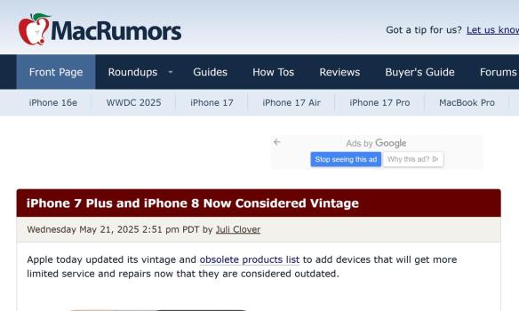 iPhone7Plus被苹果列为过时产品 多款旧设备状态更新