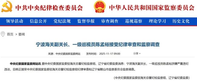 宁波海关副关长陈孟裕被查 涉嫌严重违纪违法